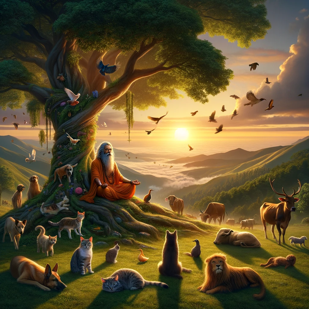 DALL·E 2024-03-05 22.08.33 - Using the previously created image as a reference, this new scene enriches the tranquil and spiritual setting with the addition of various animals aro